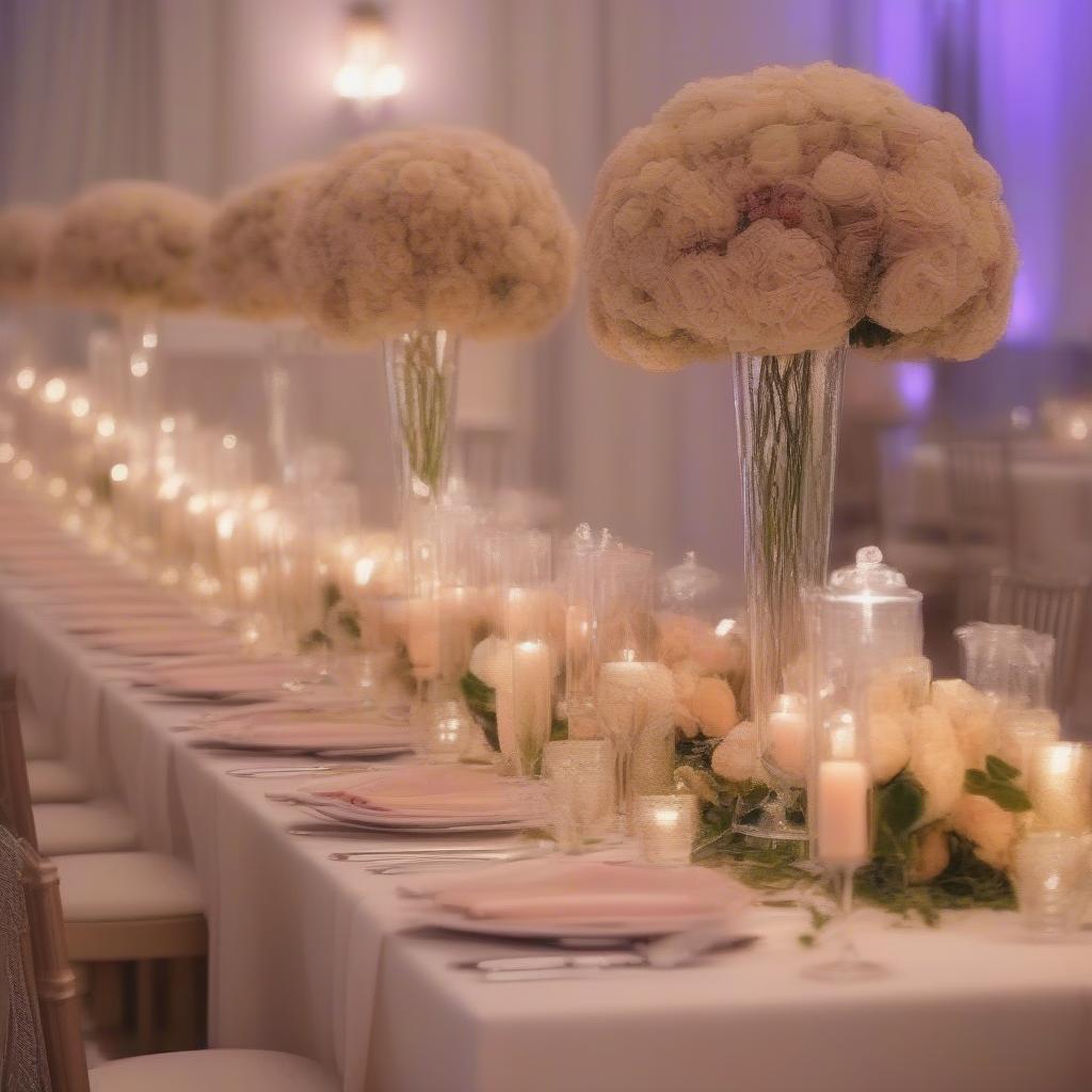 Bulk small flower vases used as wedding centerpieces, showcasing elegant floral arrangements and table settings.