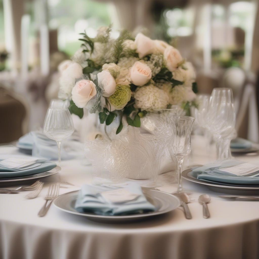 Elegantly folded bulk wedding napkins arranged on a beautifully set wedding reception table, showcasing how they complement the overall table decor, including silverware and centerpieces.