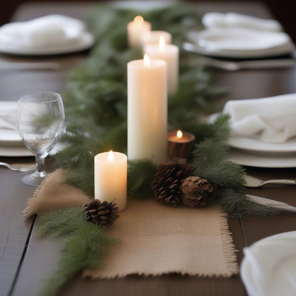 Burlap table runner with candles and greenery