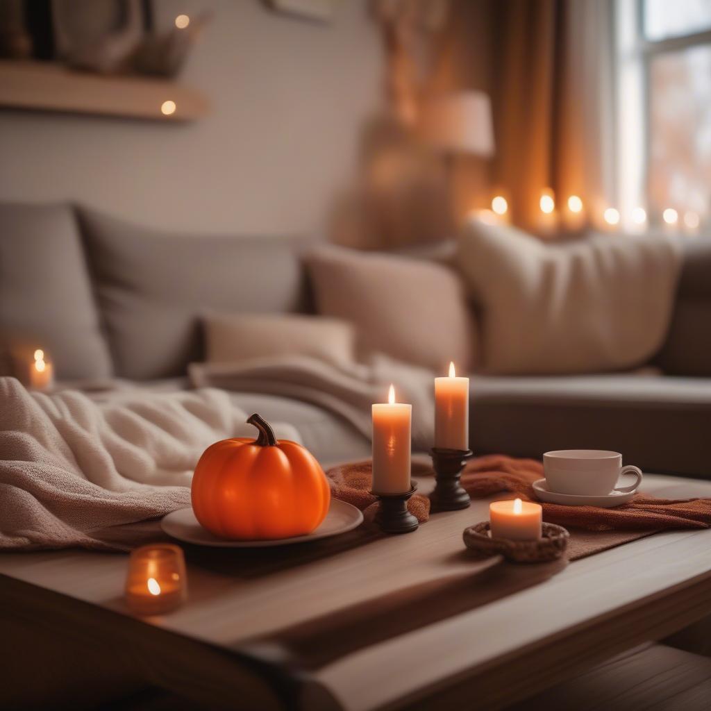 Burning pumpkin pie candle in a cozy setting