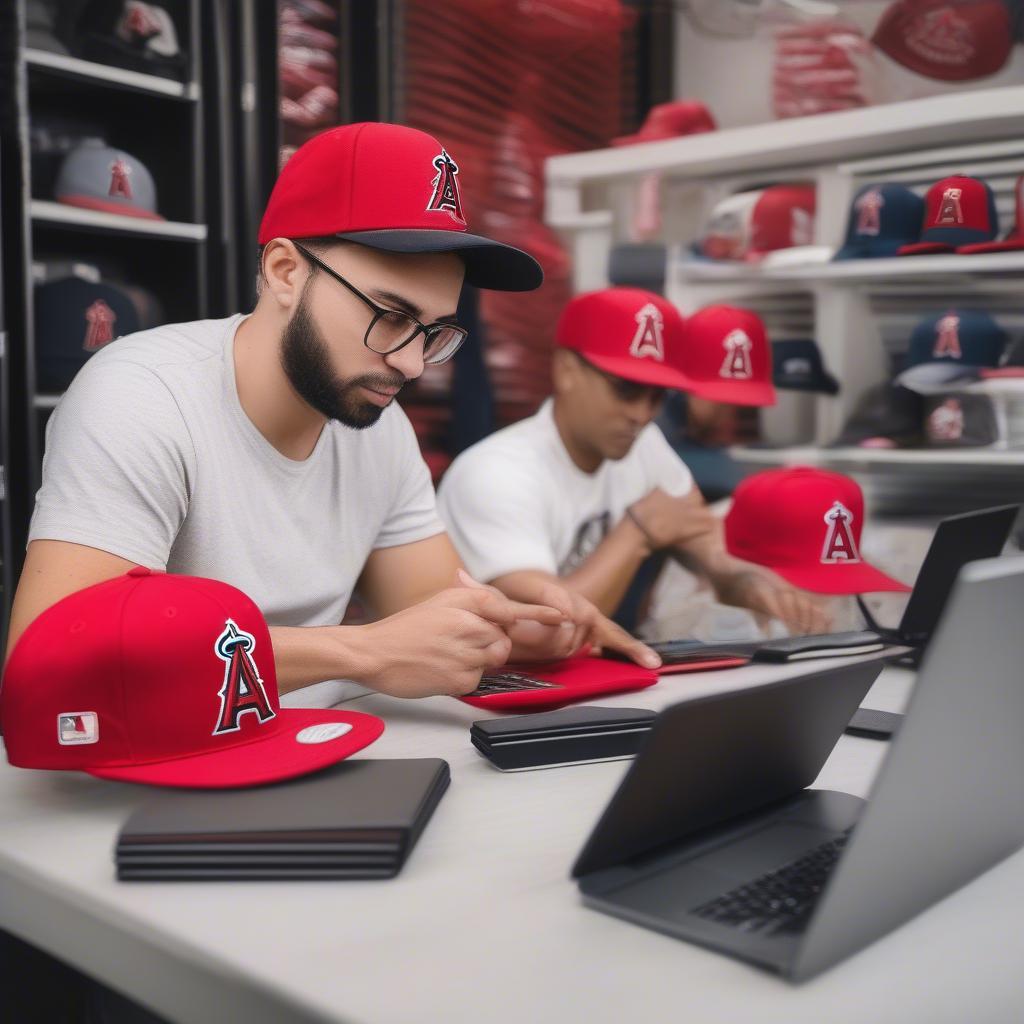 Buying Los Angeles Angels Hats Online:  A person browsing Los Angeles Angels hats on a laptop.