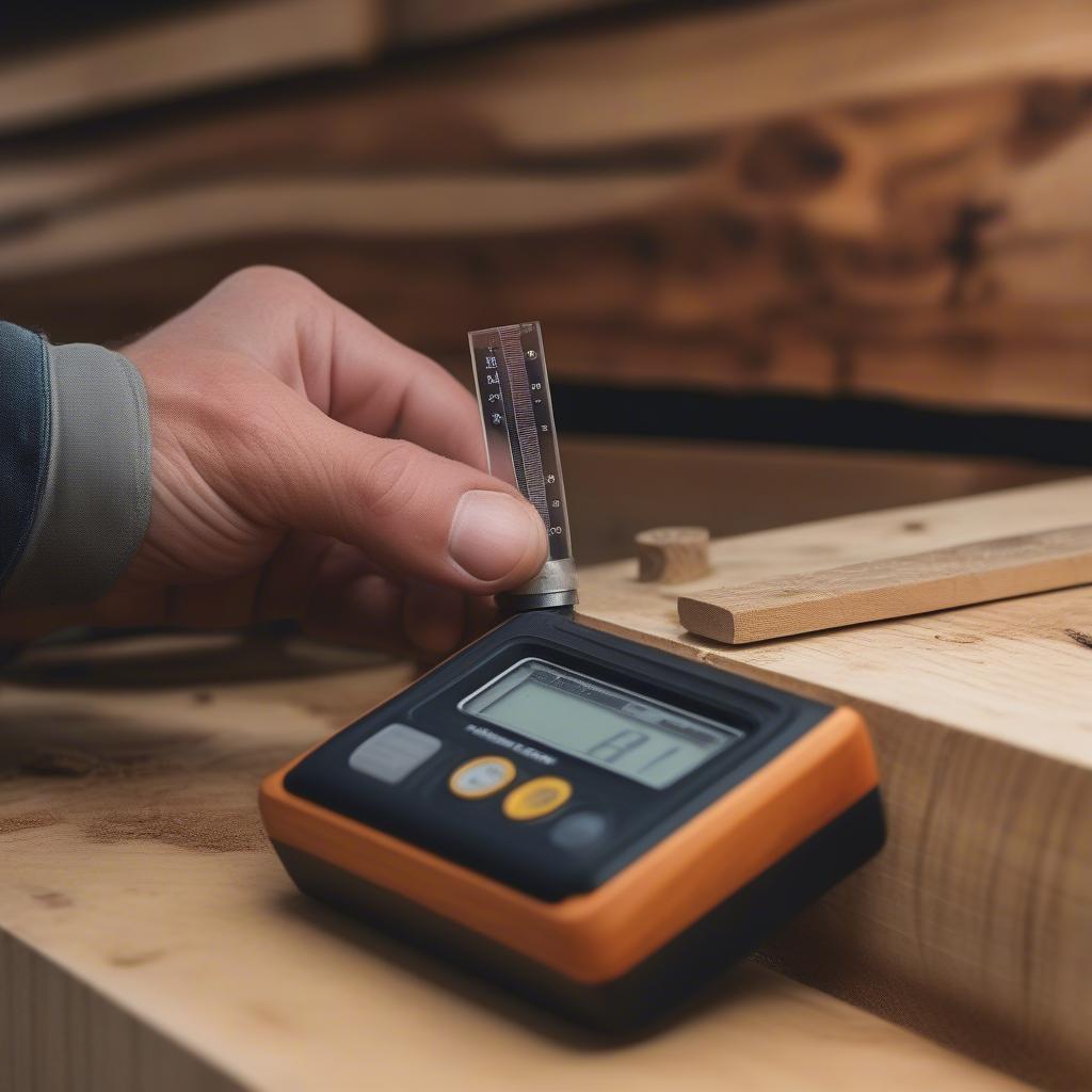 A person using a moisture meter on a piece of lumber