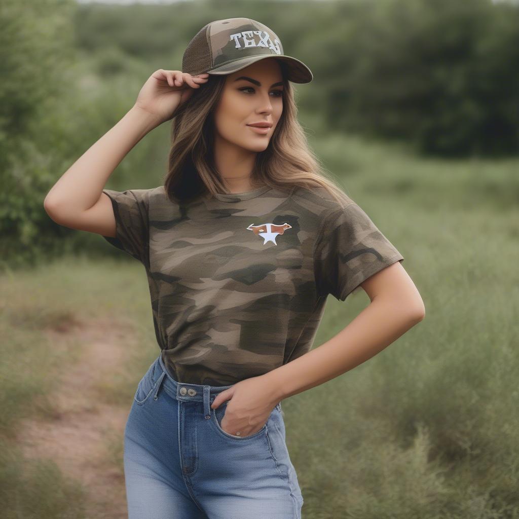 A person wearing a camo Texas hat with a casual outfit