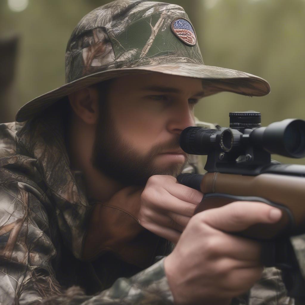 A hunter wearing a camo Texas hat in a wooded area