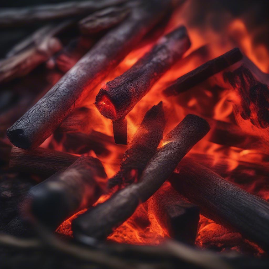 Close-Up of Glowing Embers in a Campfire