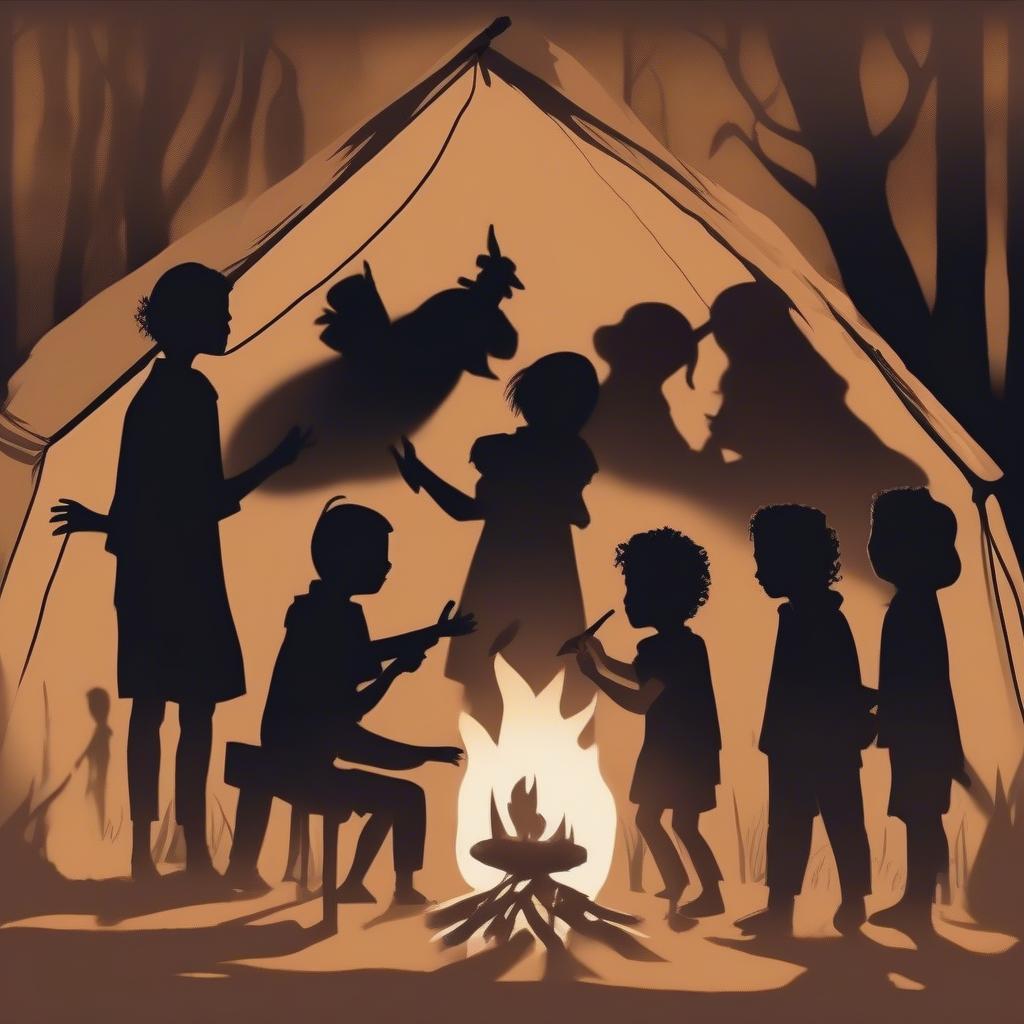 Children creating shadow puppets with their hands around a campfire