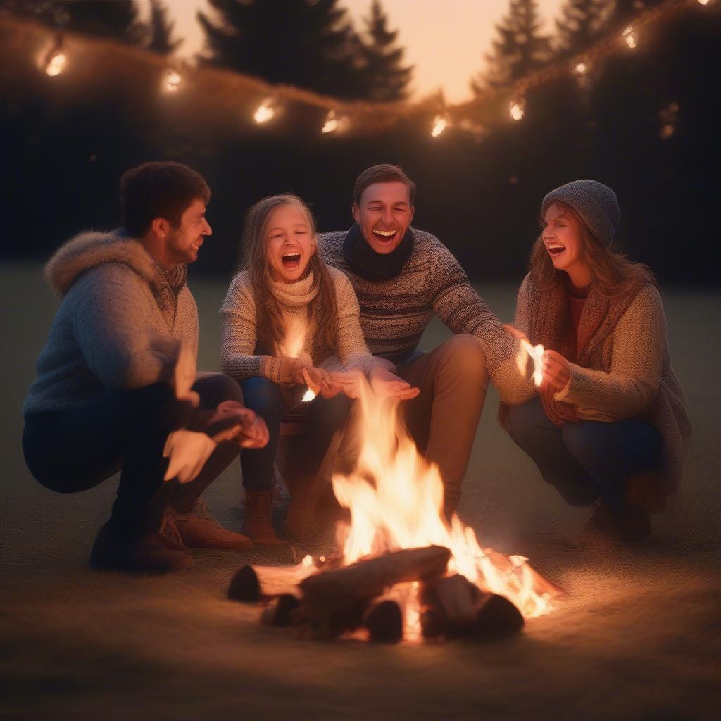 Family enjoying classic campfire games like charades and storytelling