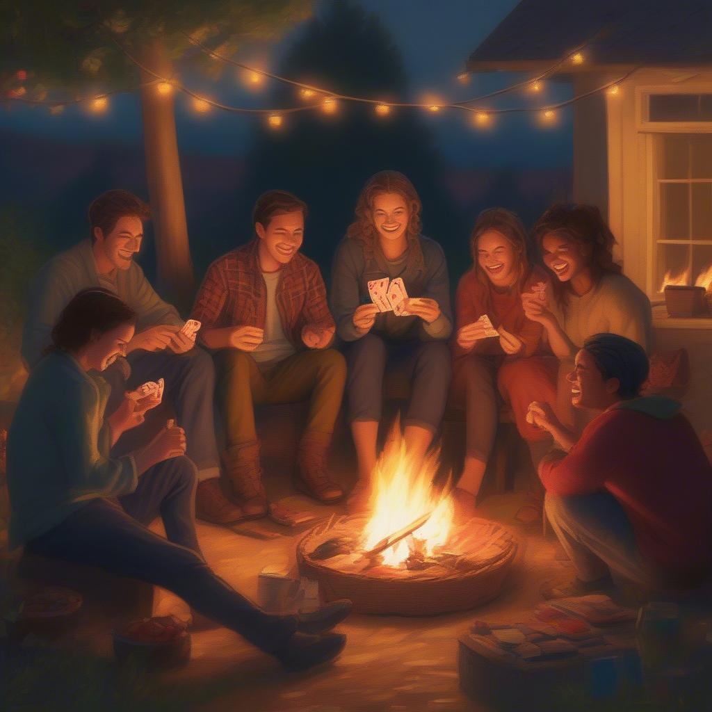 Group of friends playing card games around a campfire