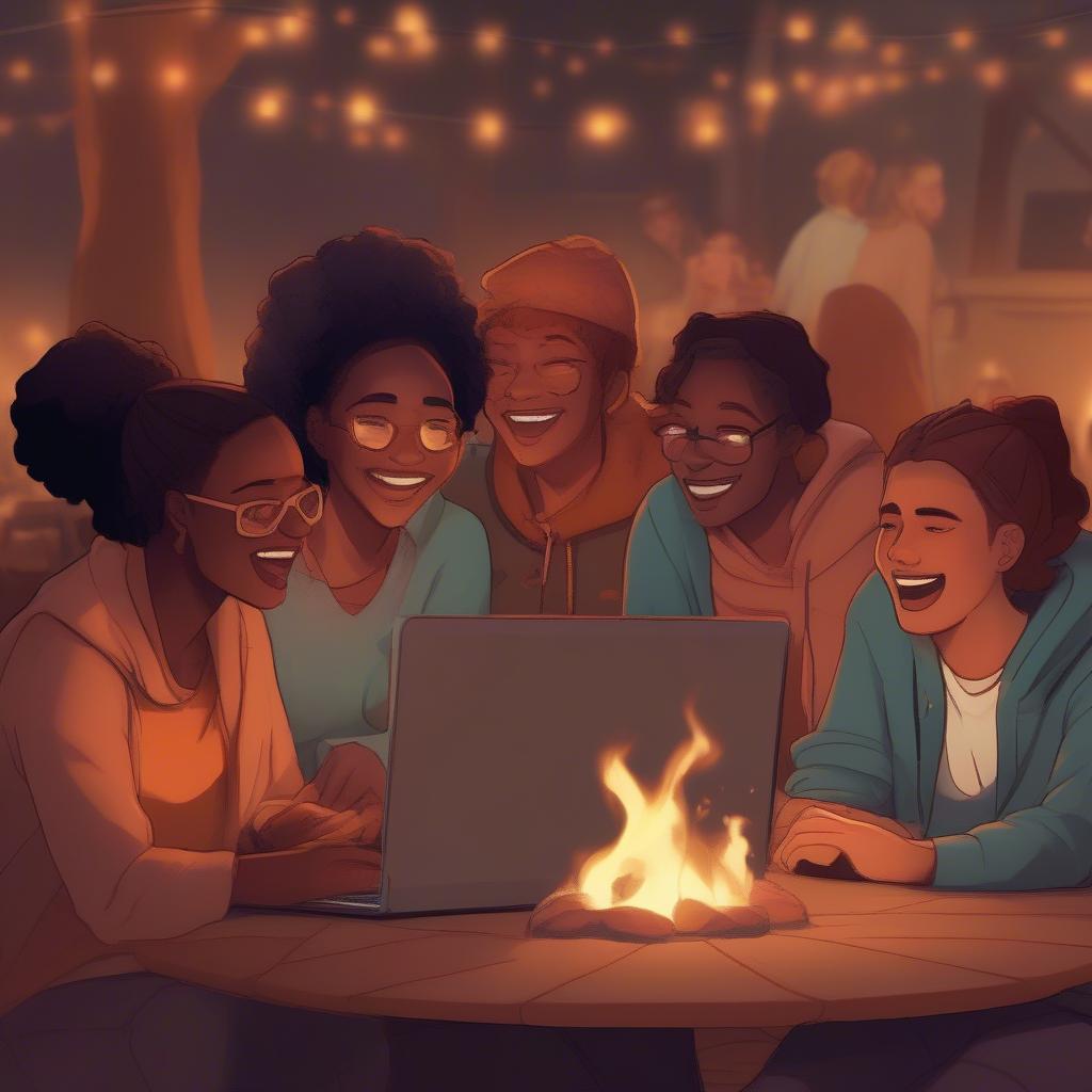 Friends laughing and playing a campfire game online