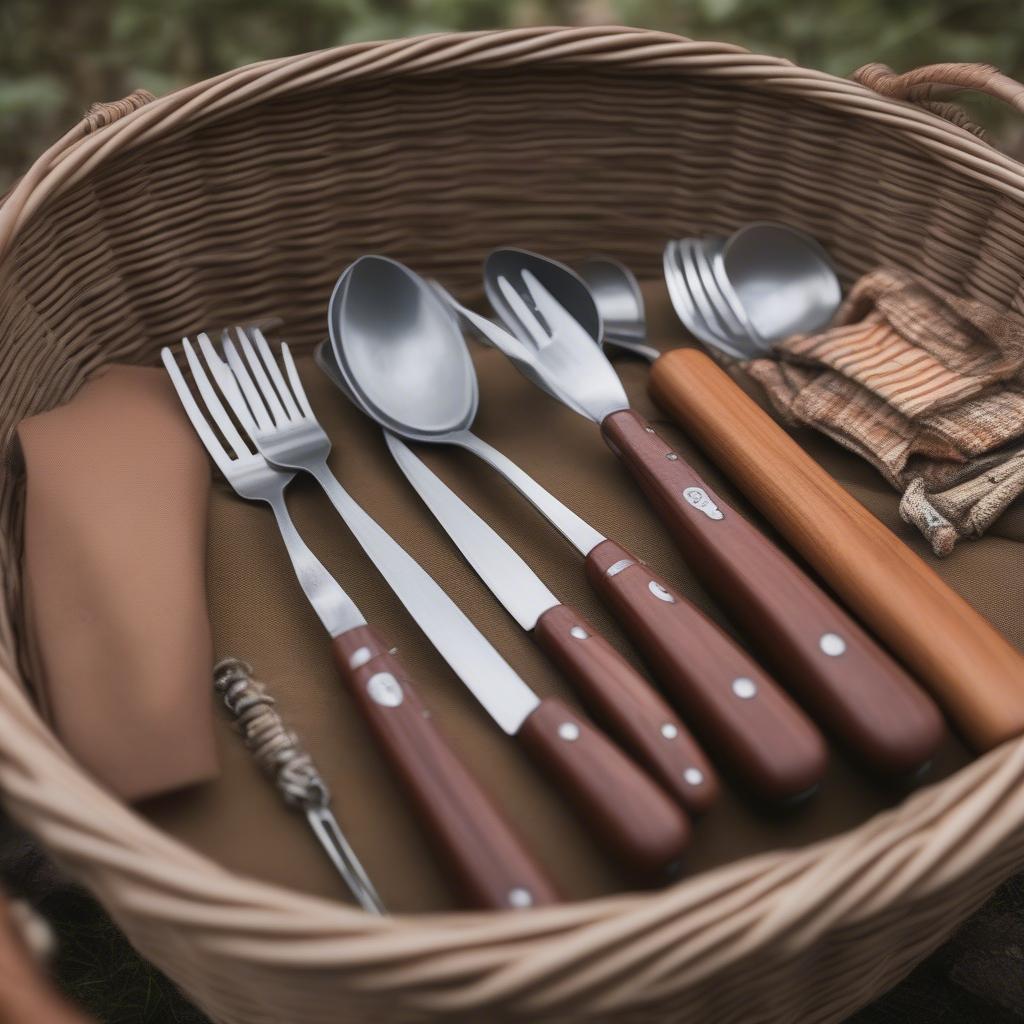 Camping Silverware Set in a Wicker Basket