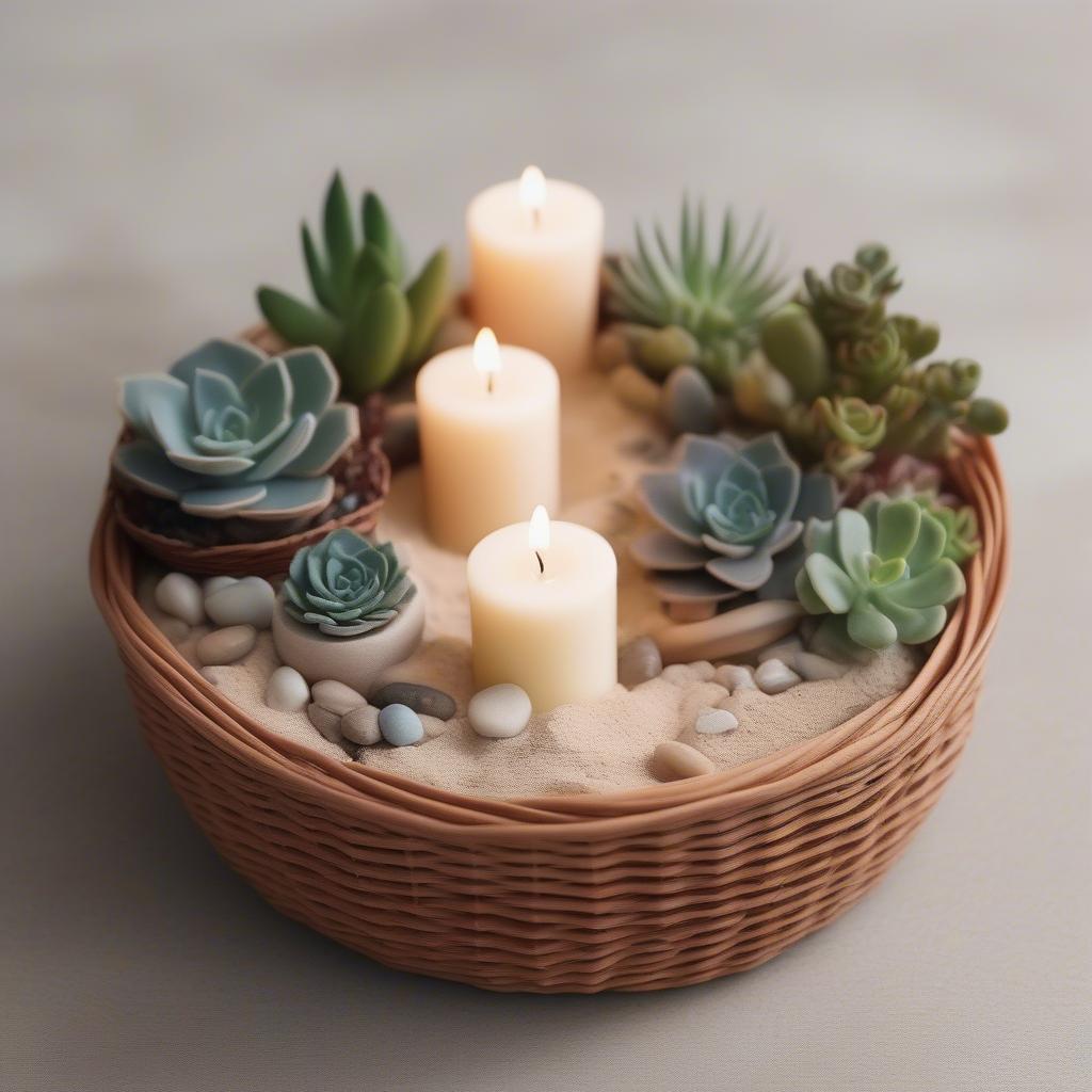 Candle garden arrangement in a wicker basket