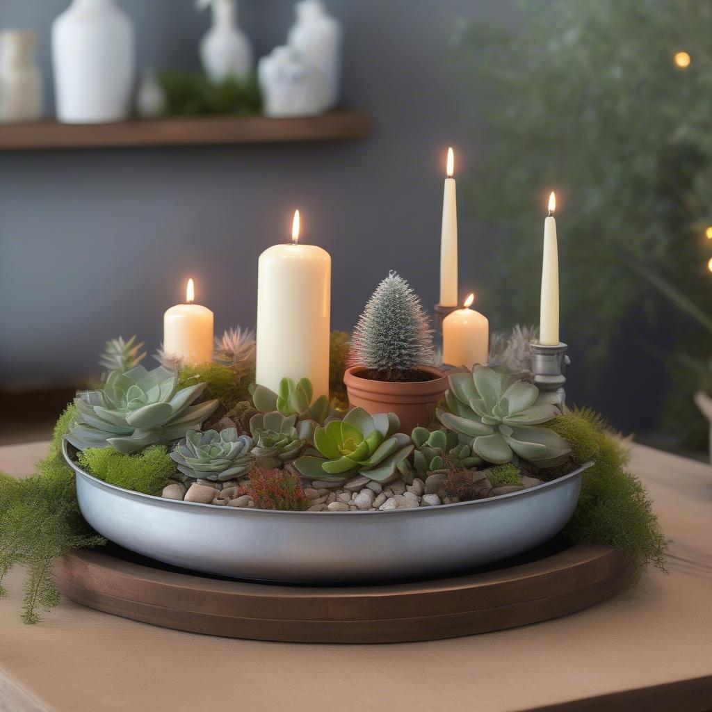 Candle garden centerpiece with a galvanized lamp and small ceramic pots