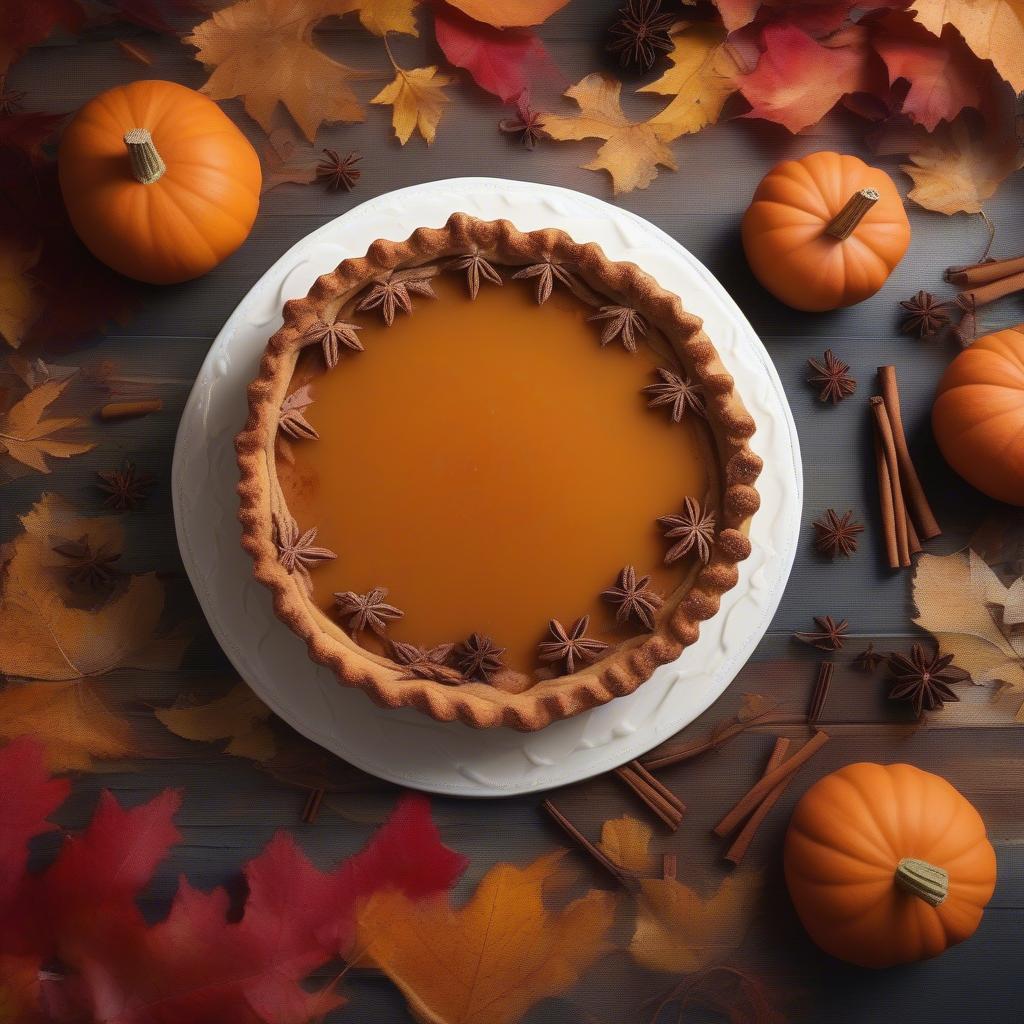 Candle pumpkin pie arrangement with fall leaves and spices