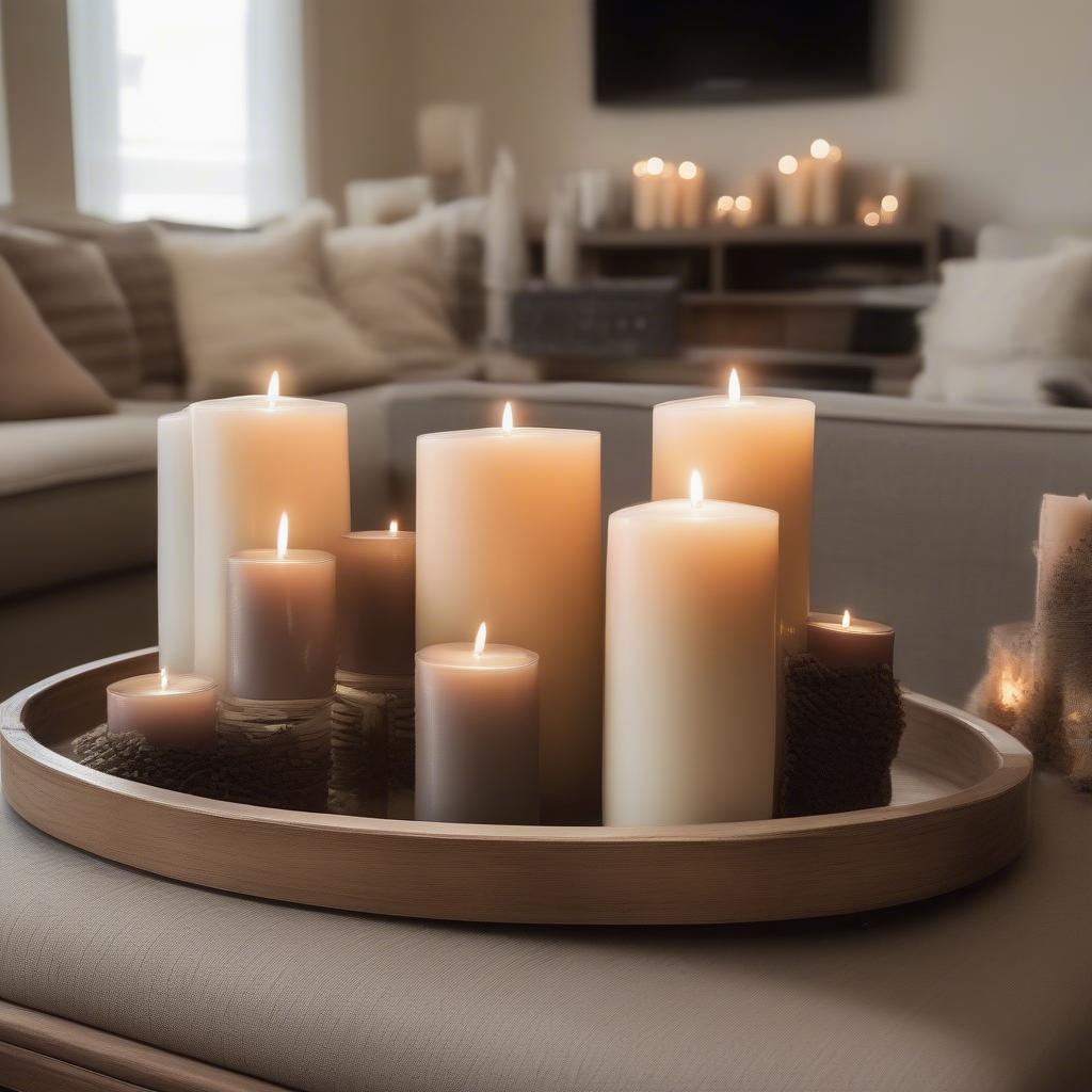 Candles in a wood tray on a coffee table in a living room