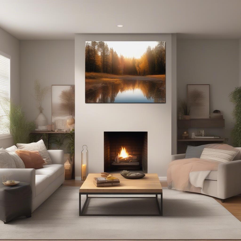 Canvas photo display in a living room setting