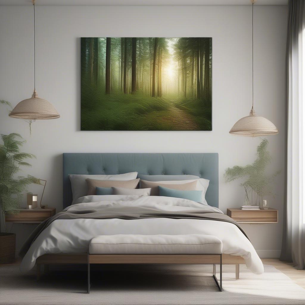 A serene nature scene printed on a large canvas in a bedroom.