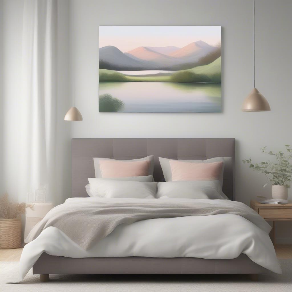 A calming canvas print adds a touch of serenity to the bedroom wall decor, creating a relaxing atmosphere.