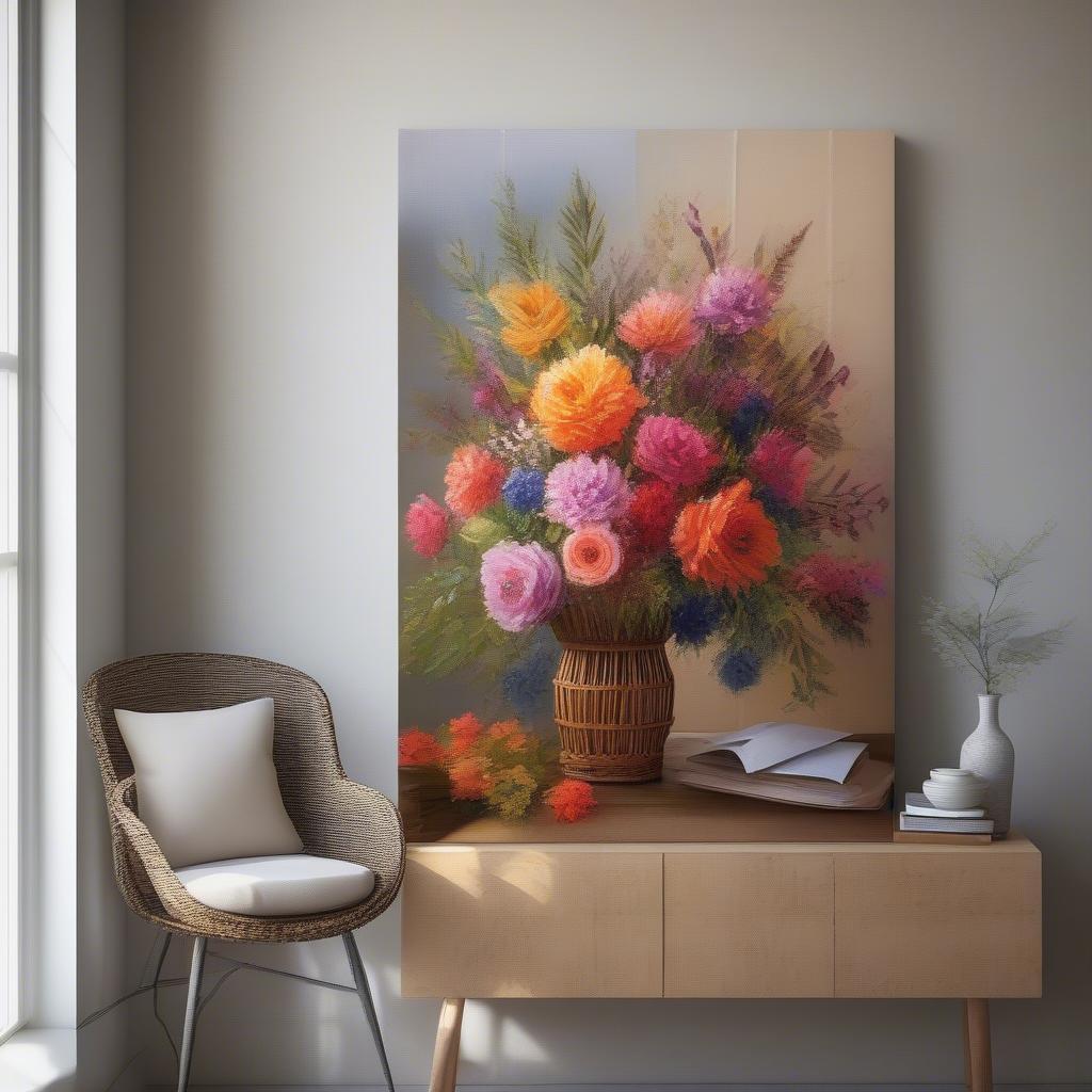 Close-up of a canvas print hanging near a wicker chair in natural light