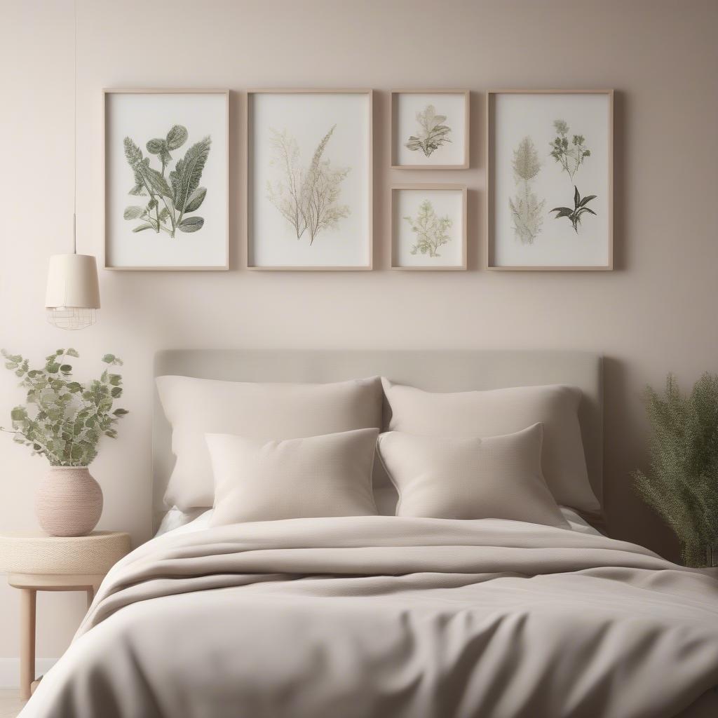 Canvas prints create a serene atmosphere in a bedroom.