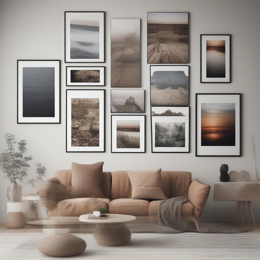 A gallery wall showcasing various canvas prints of different sizes and styles, creating a cohesive and visually appealing display.