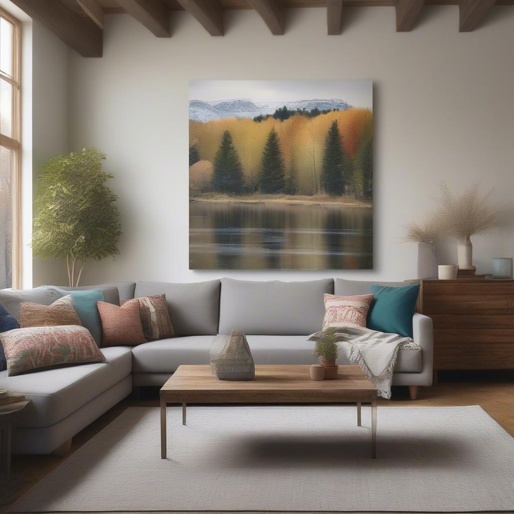 Canvas prints on wood displayed in a modern living room, showcasing the natural wood grain and vibrant print colors.