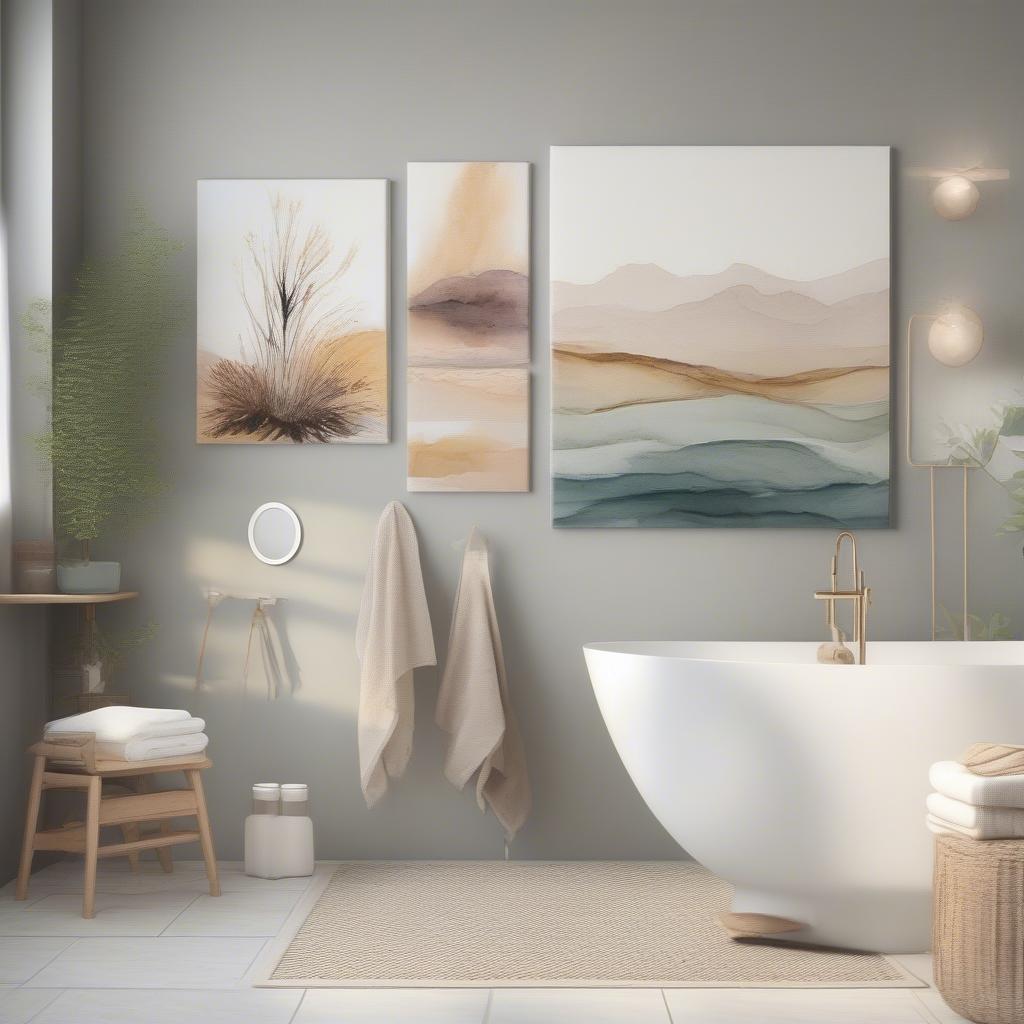 Canvas wall art ideas for a modern bathroom featuring abstract art and botanical prints.