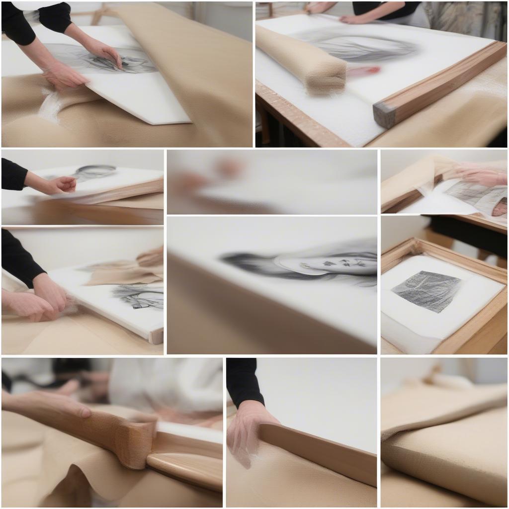 The process of stretching canvas onto a wooden frame.