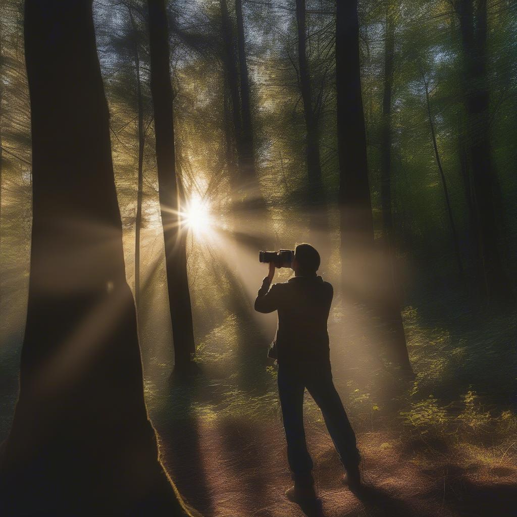 Capturing the interplay of light and shadow in a dense forest setting.