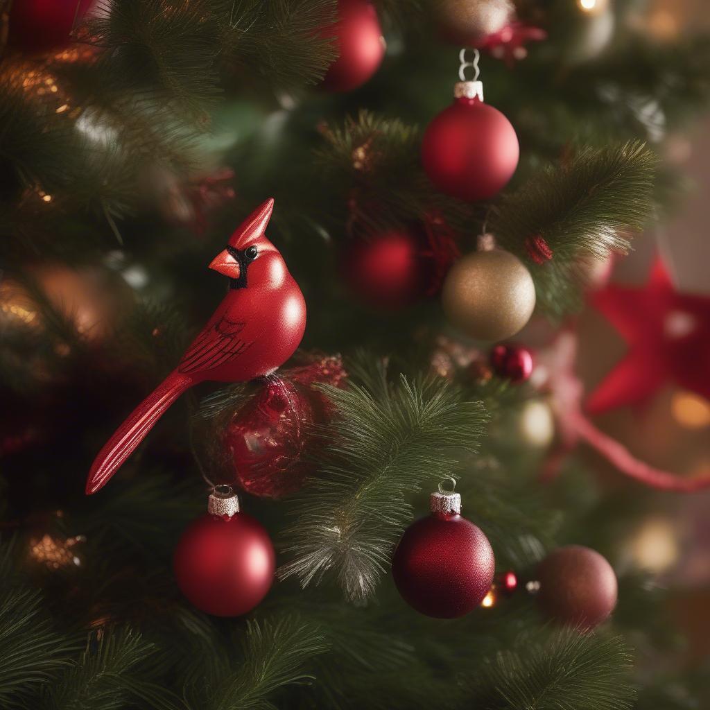 Red cardinal clip on ornaments perched on a Christmas tree