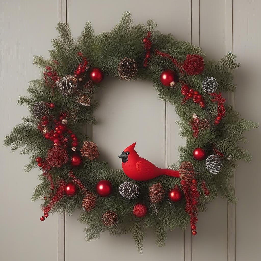 Cardinal clip ornaments decorating a wreath and garland