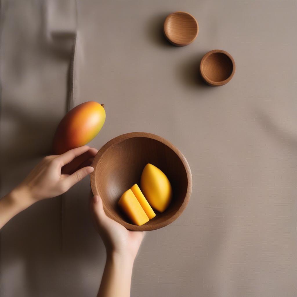 Demonstrating the proper way to clean and maintain a mango wood bowl using mild soap, warm water, and a soft cloth.