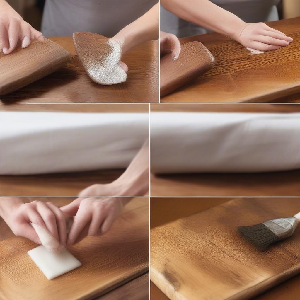 Cleaning and oiling a rustic wood board to maintain its condition.