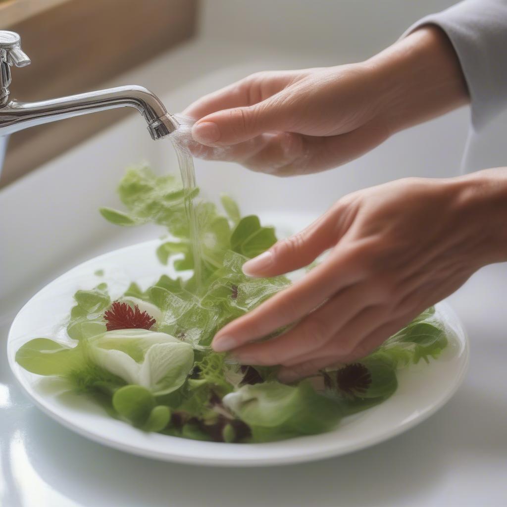 Demonstrating proper care and cleaning techniques for decorative salad plates.