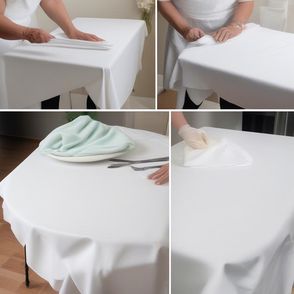 Demonstrating the proper methods for cleaning and storing white round tablecloths to maintain their pristine condition.