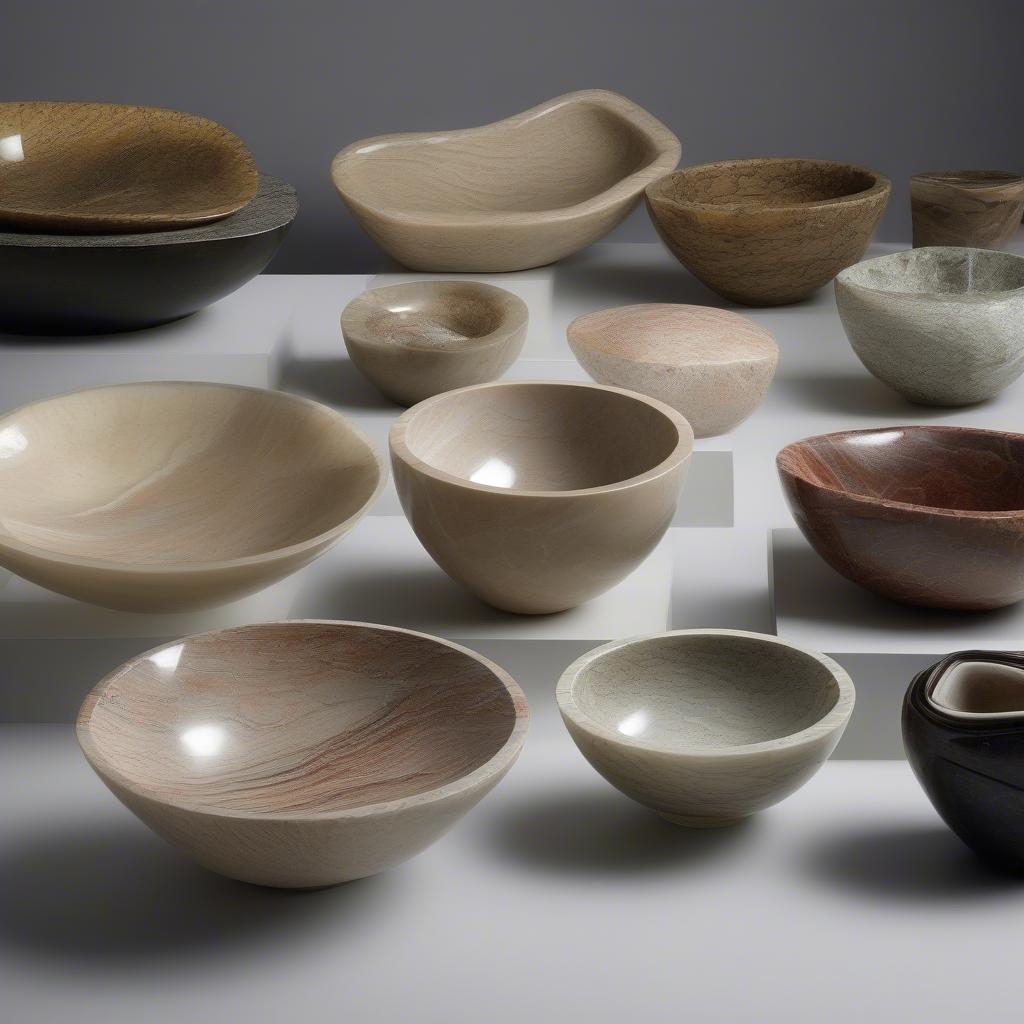 Various Carved Stone Bowls Showcase Different Styles and Materials