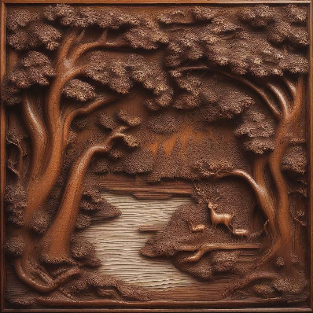 Carved Wood Panel Depicting a Serene Nature Scene