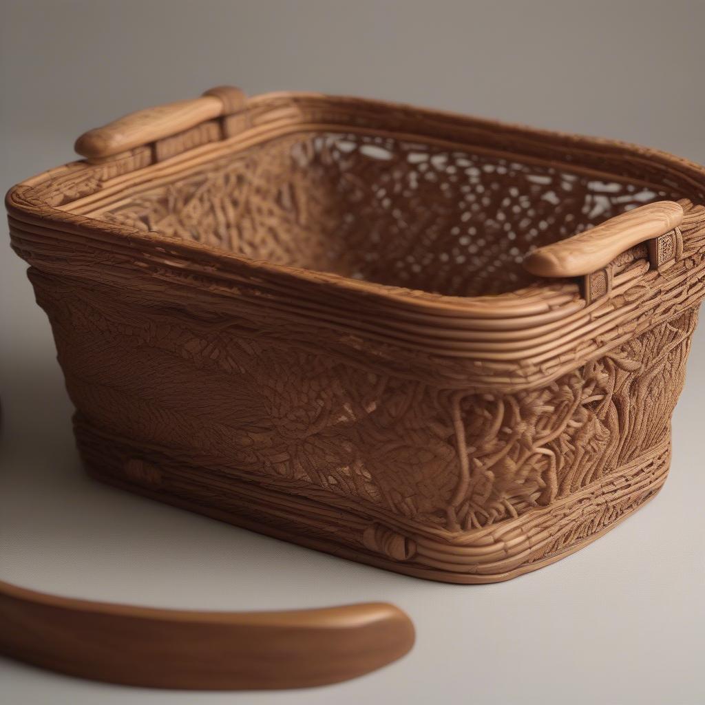 Intricately Carved Wooden Handles on a Rattan Basket