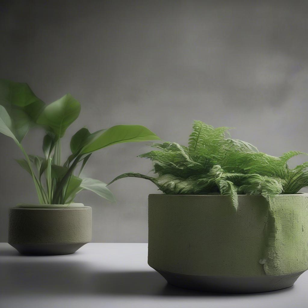 A beautiful cement planter filled with thriving greenery.