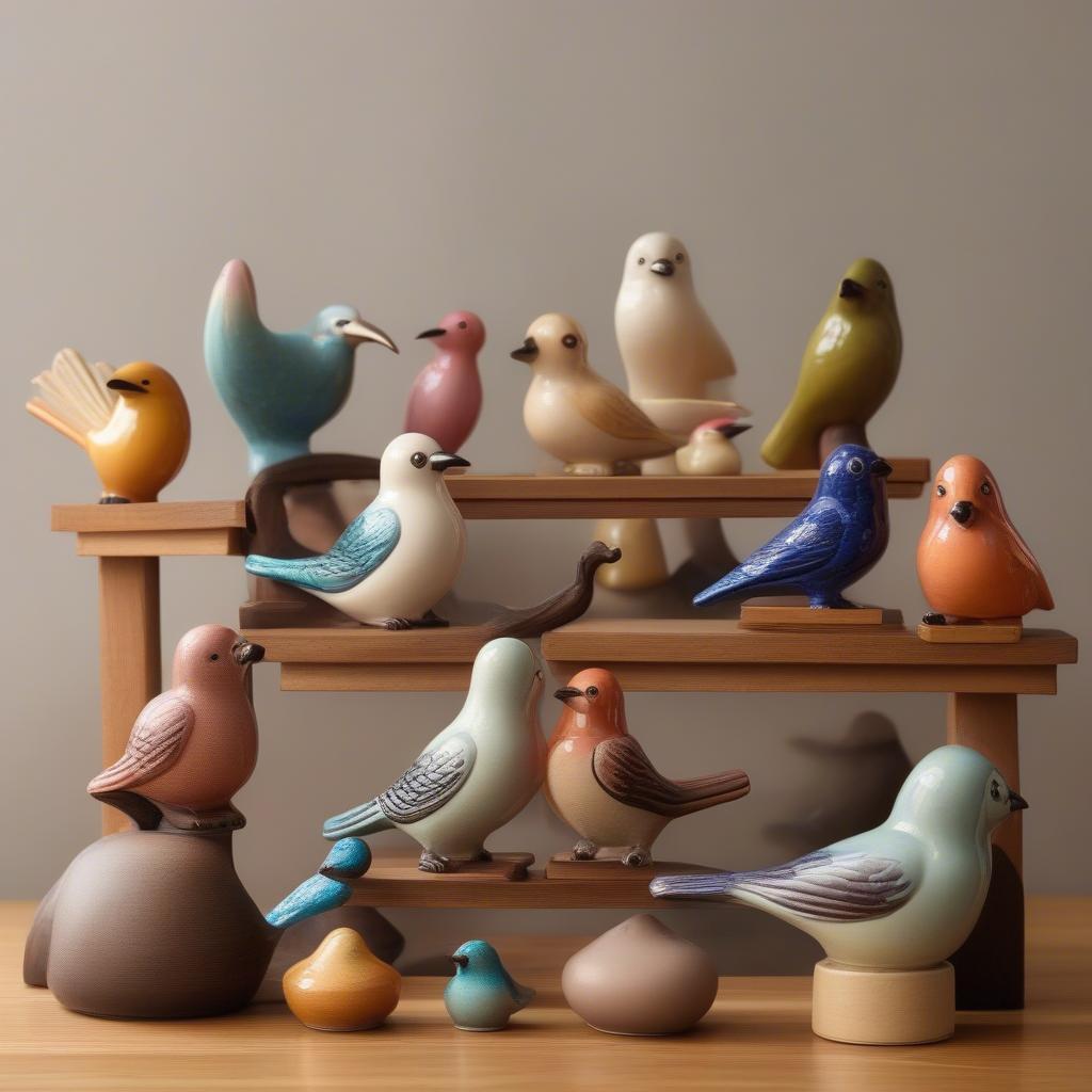 A collection of colorful ceramic bird figurines displayed on a shelf