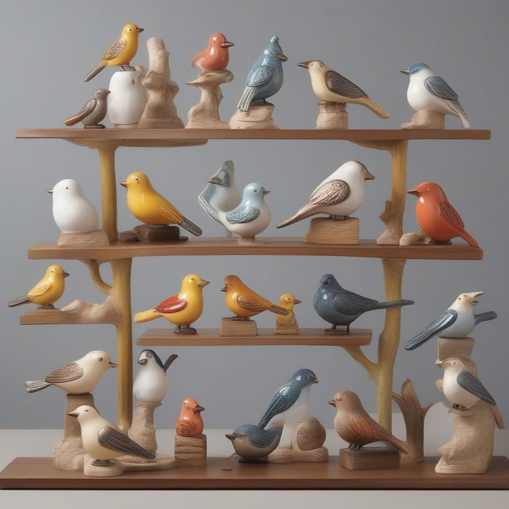 A diverse collection of ceramic birds for sale, showcasing different styles, sizes, and colors.