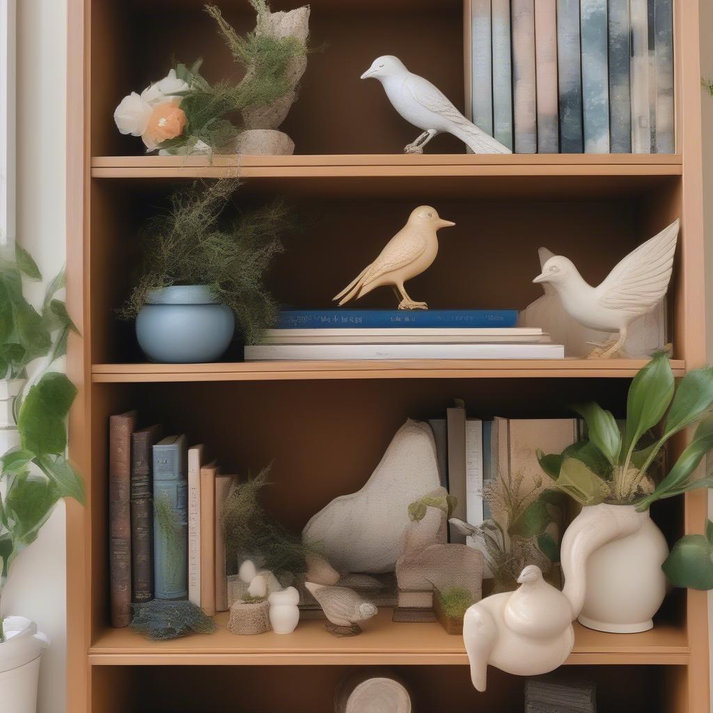 Styling a bookshelf with ceramic birds and other decorative elements.