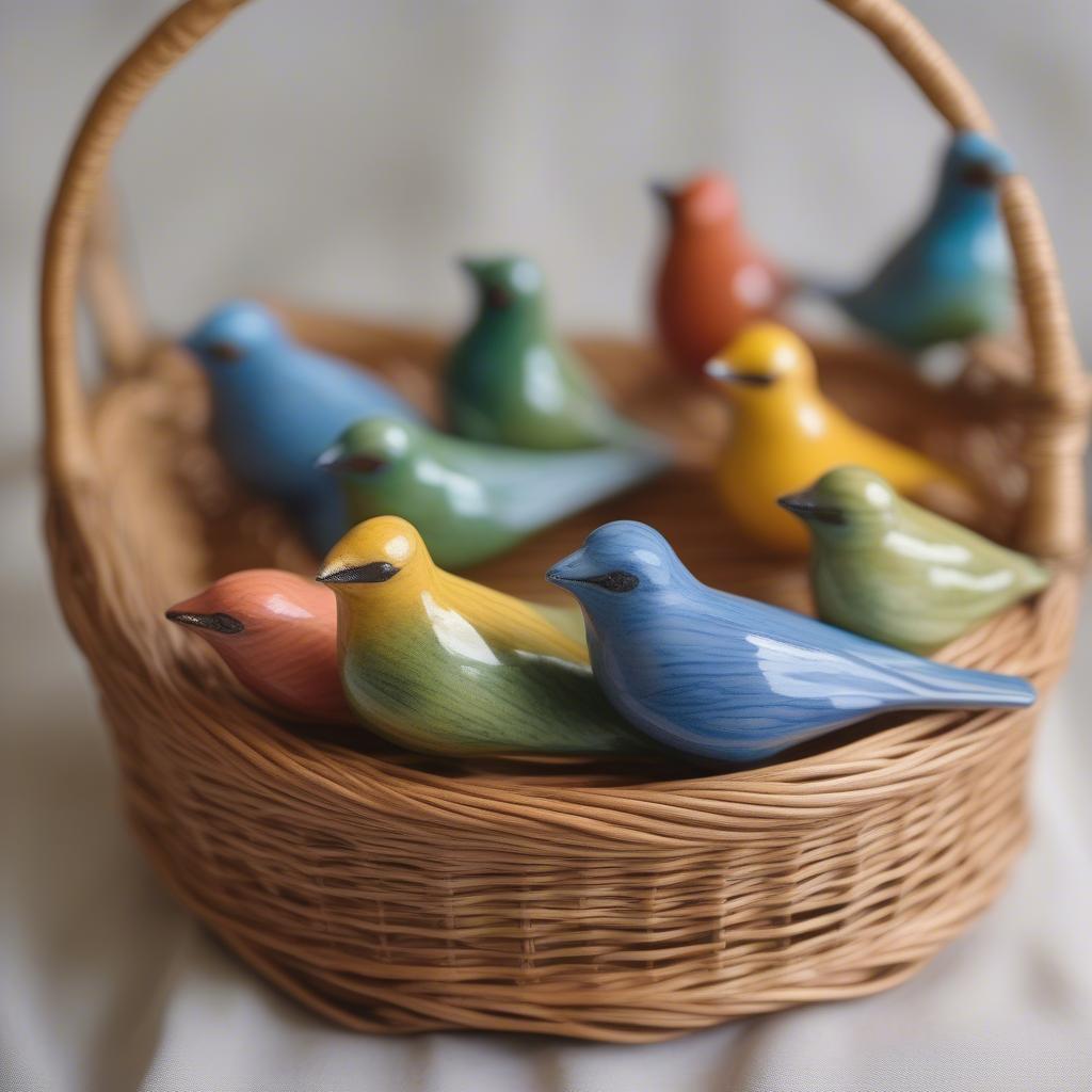 Ceramic birds perched on the edge of a wicker basket