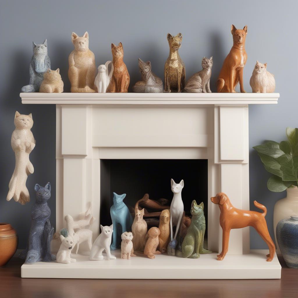 Various ceramic decorative figurines placed on a mantelpiece.