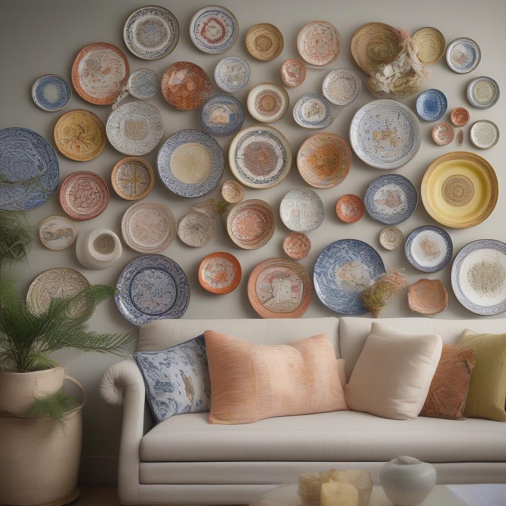 Ceramic decorative plates displayed on a wall