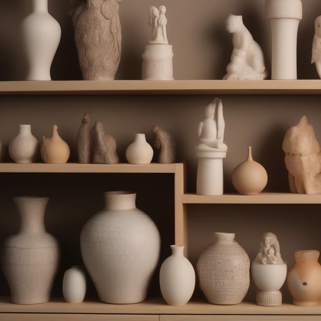 Ceramic decorative vases and figurines displayed on a shelf.