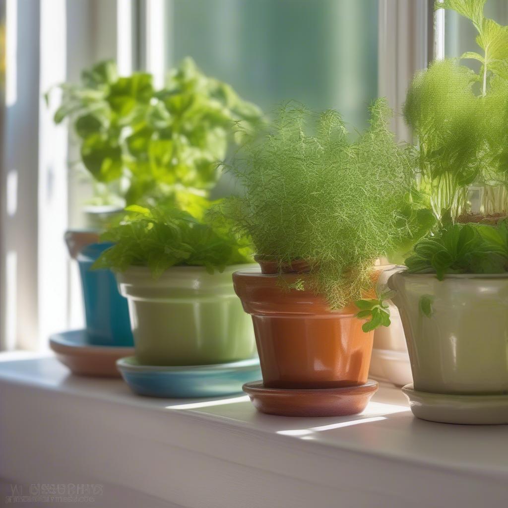 Ceramic herb pots on a windowsill, bathed in sunlight, thriving herbs.