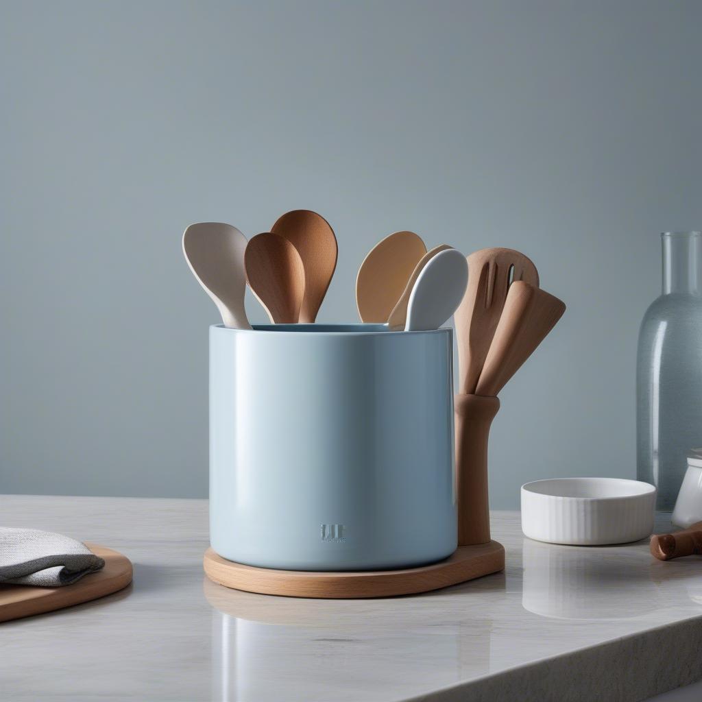 A light blue ceramic utensil holder on a kitchen counter.