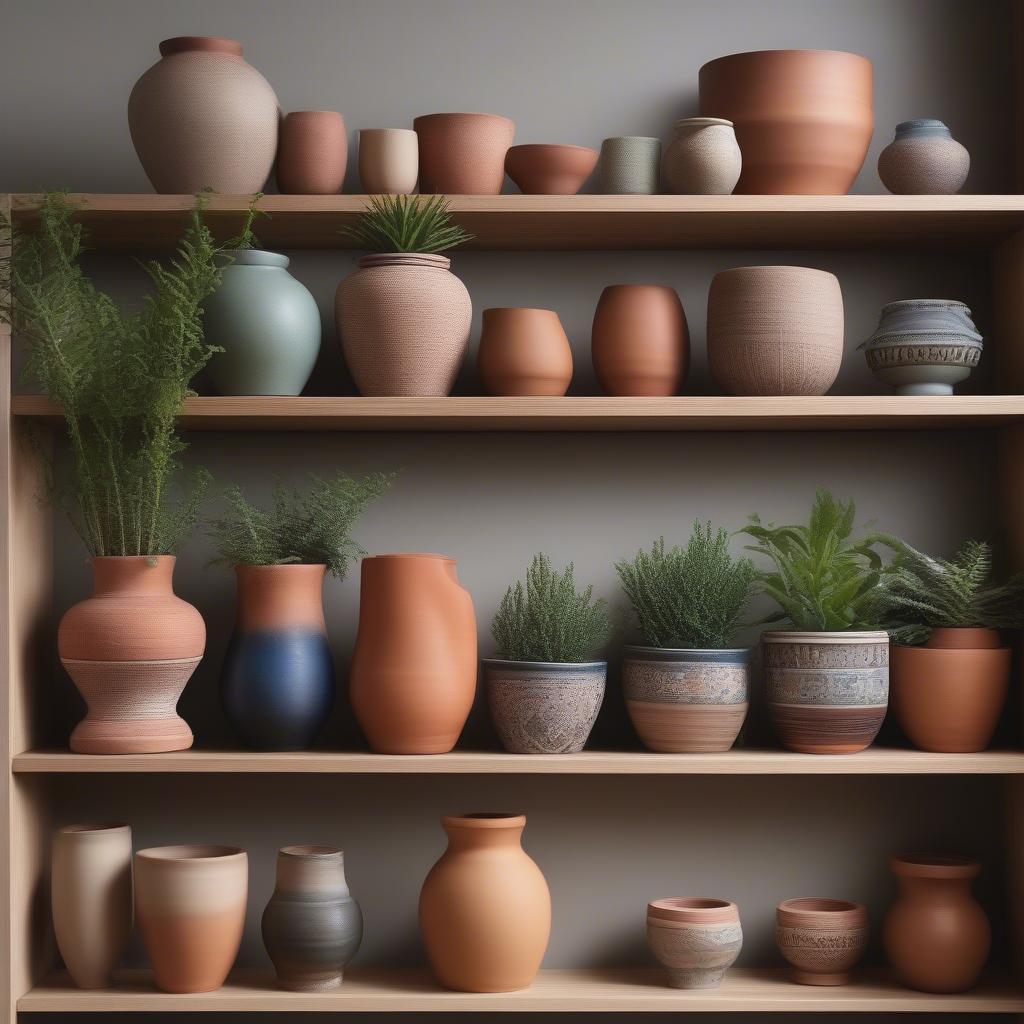 Various ceramic small pots showcased on a shelf, highlighting their different shapes, sizes, and colors.