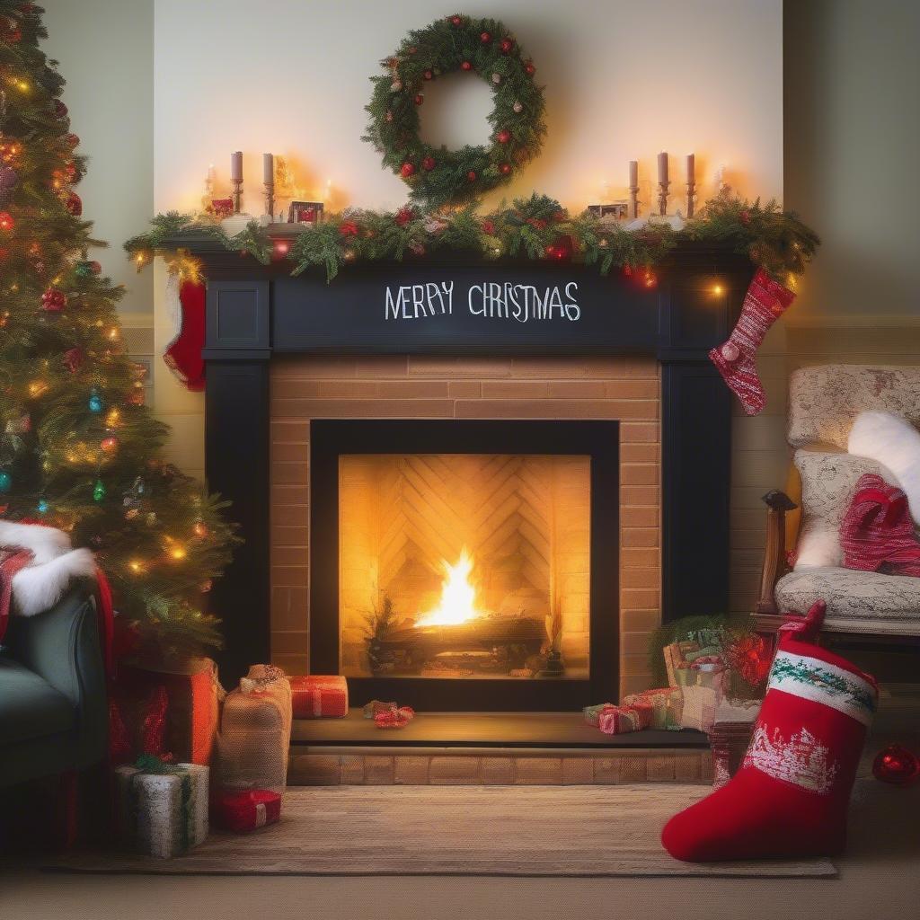 A chalkboard Merry Christmas sign displayed on a mantelpiece decorated with Christmas stockings and garland.