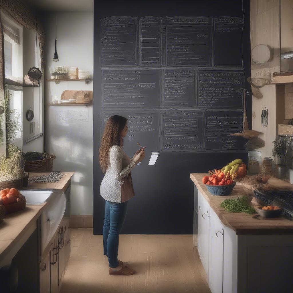 Woman writing grocery list on a chalkboard wall in her kitchen